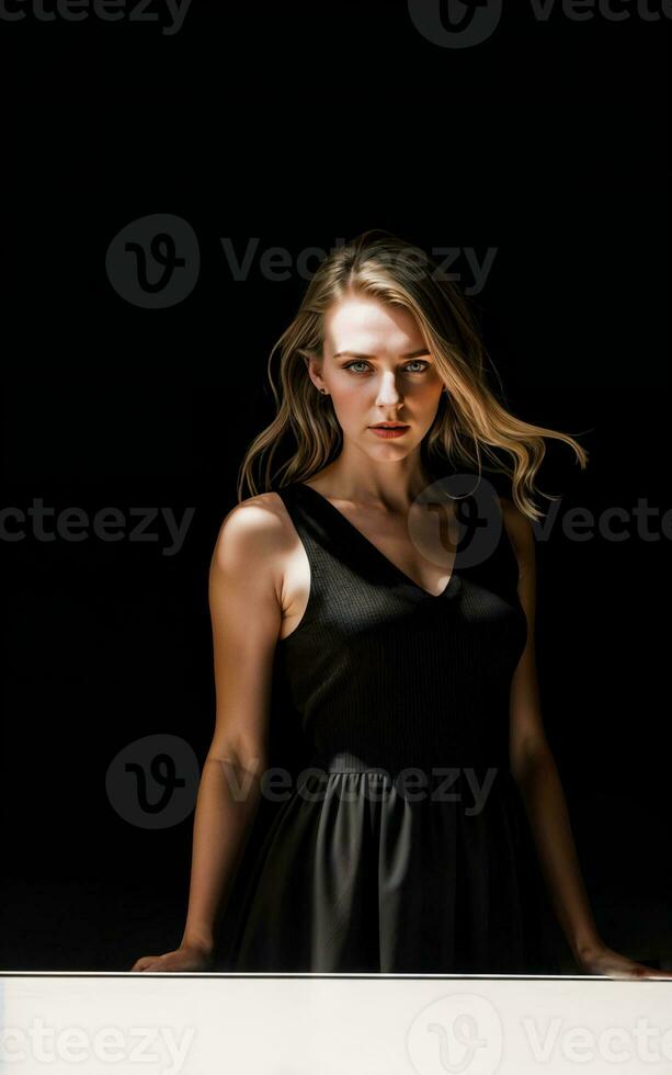 photo of woman wearing a black dress on black background, generative AI