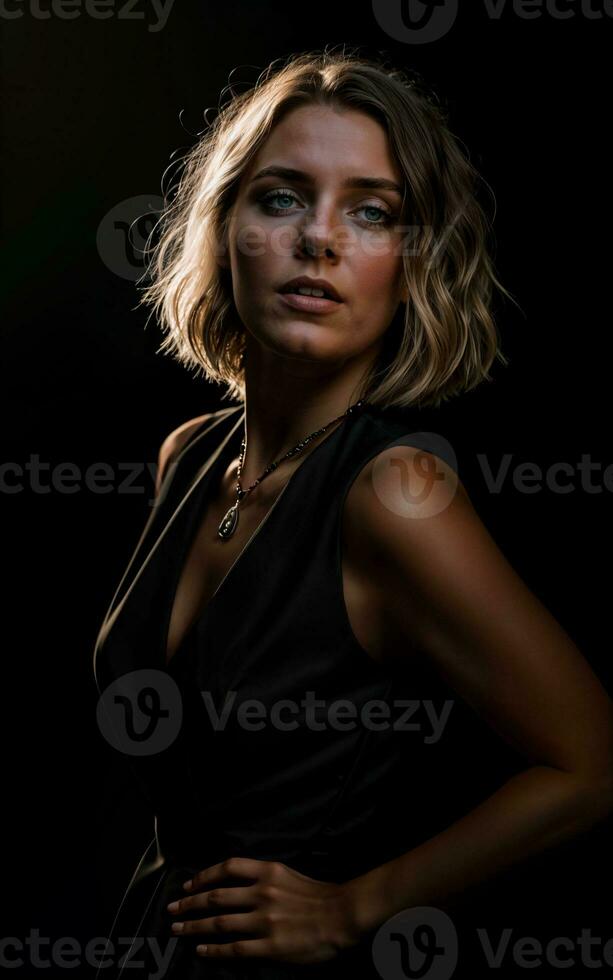 photo of woman wearing a black dress on black background, generative AI