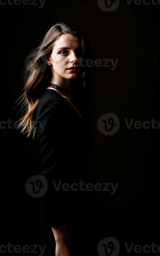 photo of woman wearing a black dress on black background, generative AI