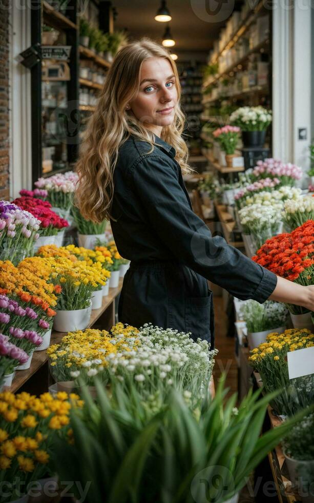 photo of woman as a florist flower store, generative AI