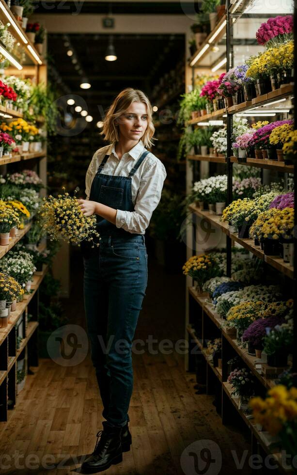 foto de mujer como un florista flor almacenar, generativo ai