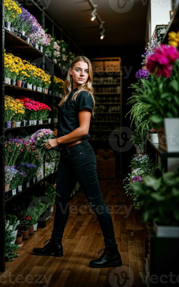 photo of woman as a florist flower store, generative AI