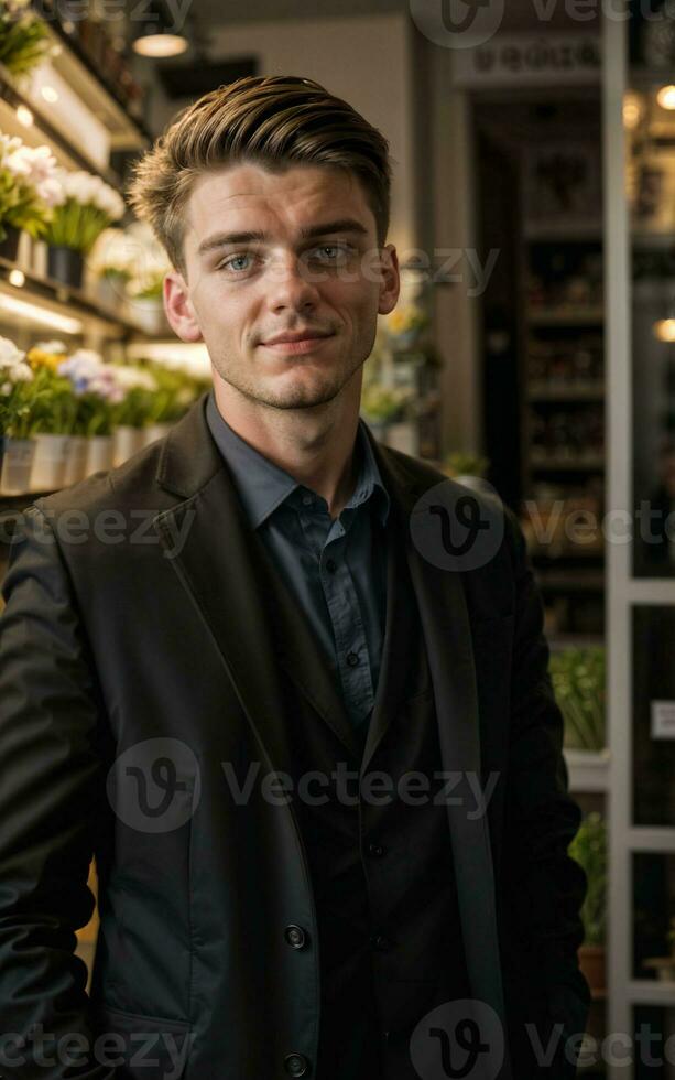 foto de hombre como un florista flor almacenar, generativo ai