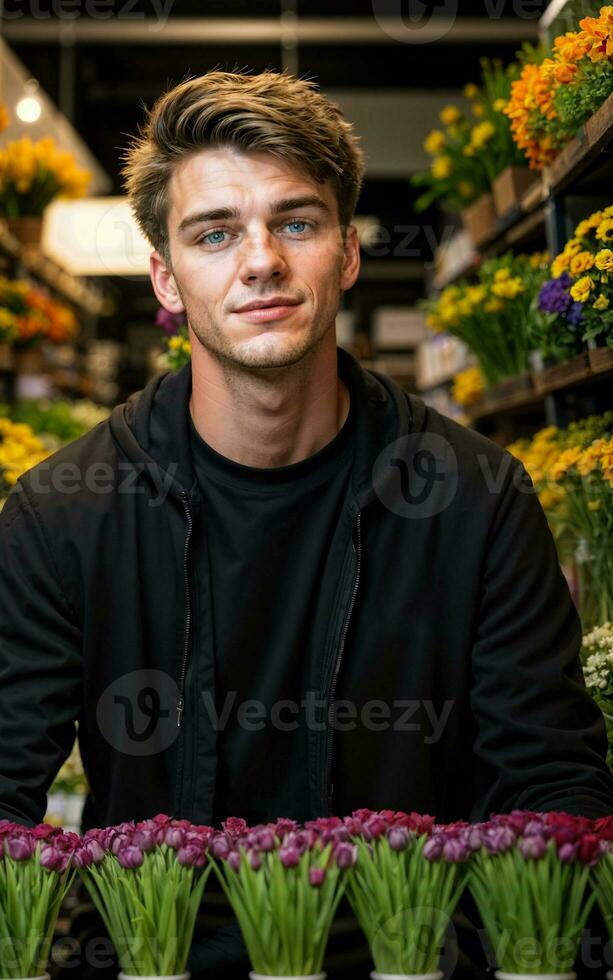photo of man as a florist flower store, generative AI
