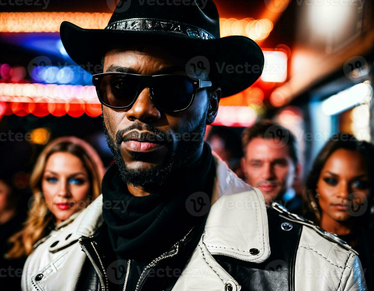 photo of black african man with white turtle neck ,black sunglasses, black leather jacket and white cowboy hat, generative AI