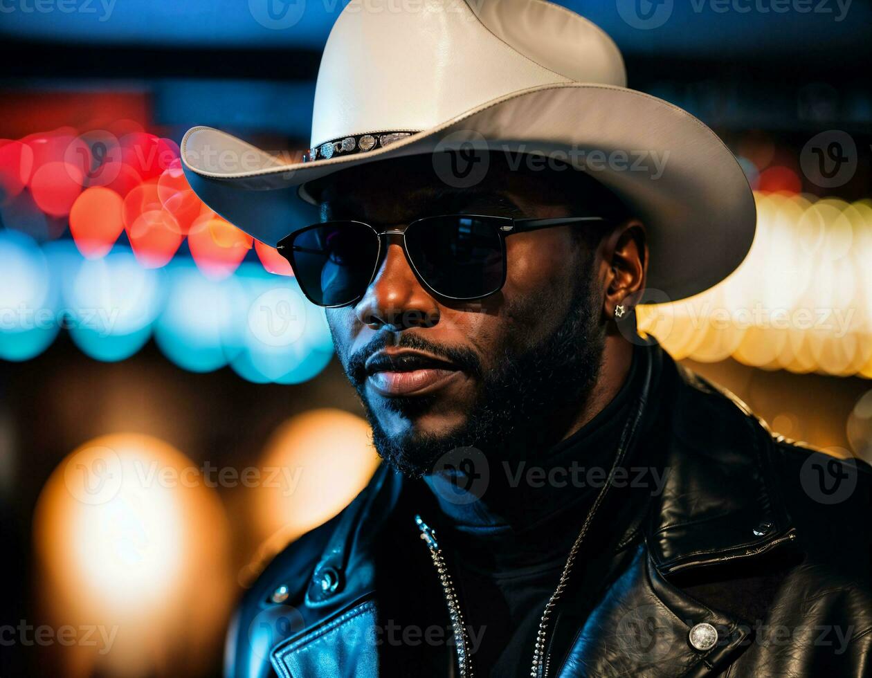 photo of black african man with white turtle neck ,black sunglasses, black leather jacket and white cowboy hat, generative AI