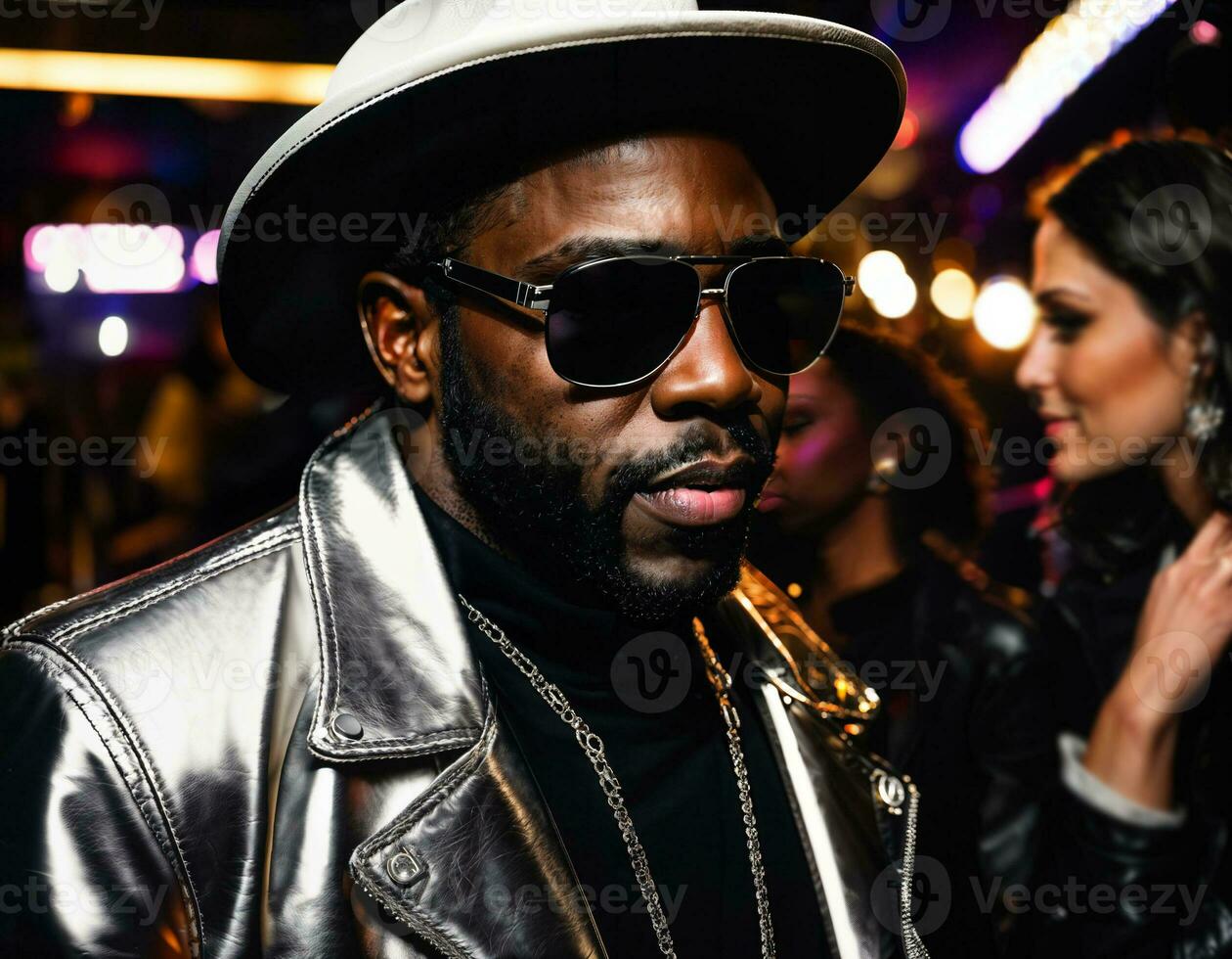 photo of black african man with white turtle neck ,black sunglasses, black leather jacket and white cowboy hat, generative AI