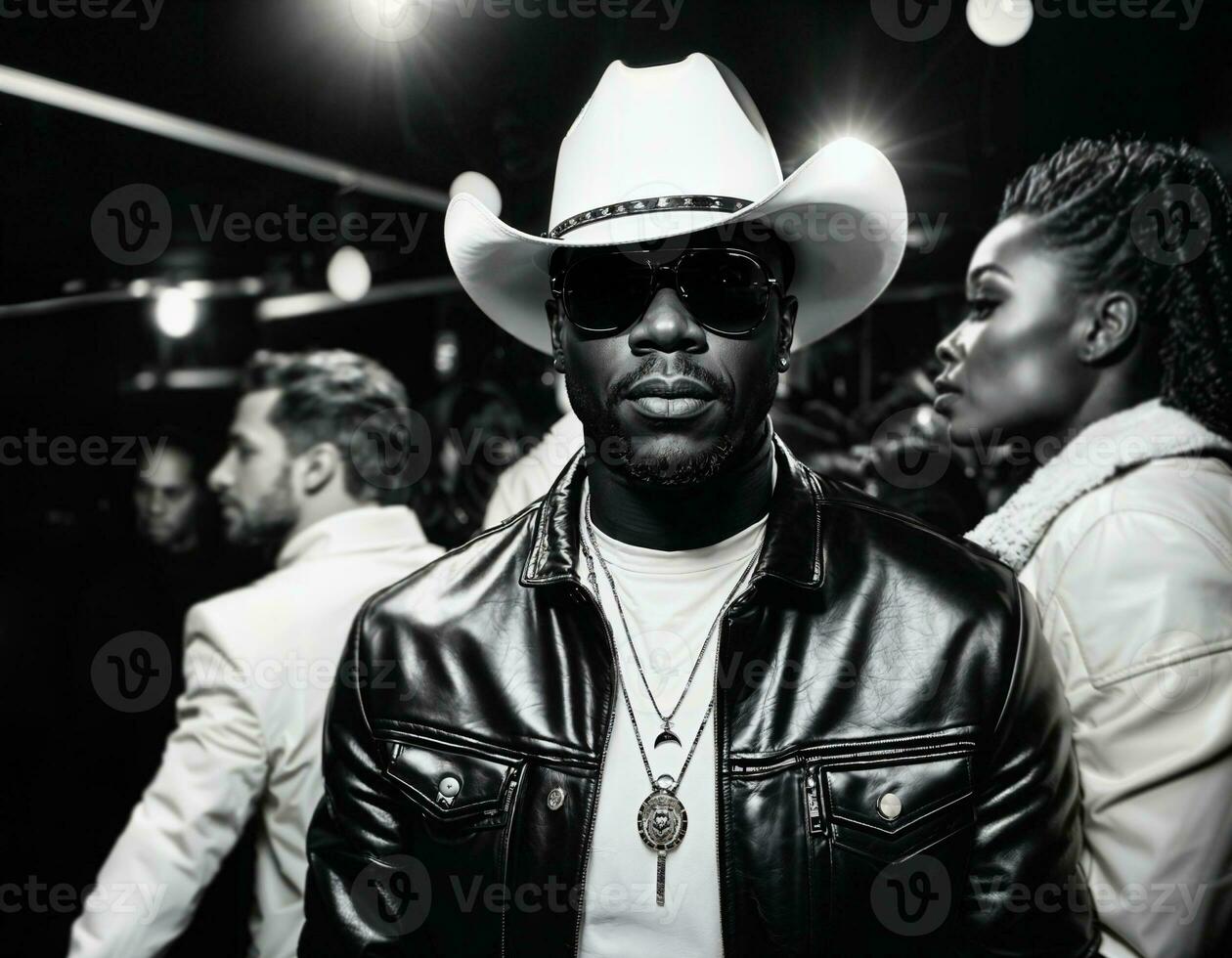 photo of black african man with white turtle neck ,black sunglasses, black leather jacket and white cowboy hat, generative AI