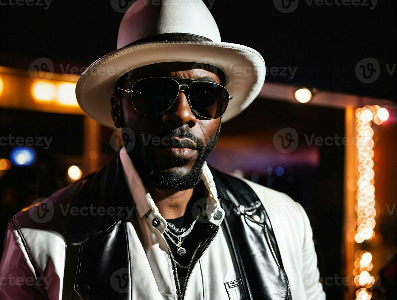 photo of black african man with white turtle neck ,black sunglasses, black leather jacket and white cowboy hat, generative AI