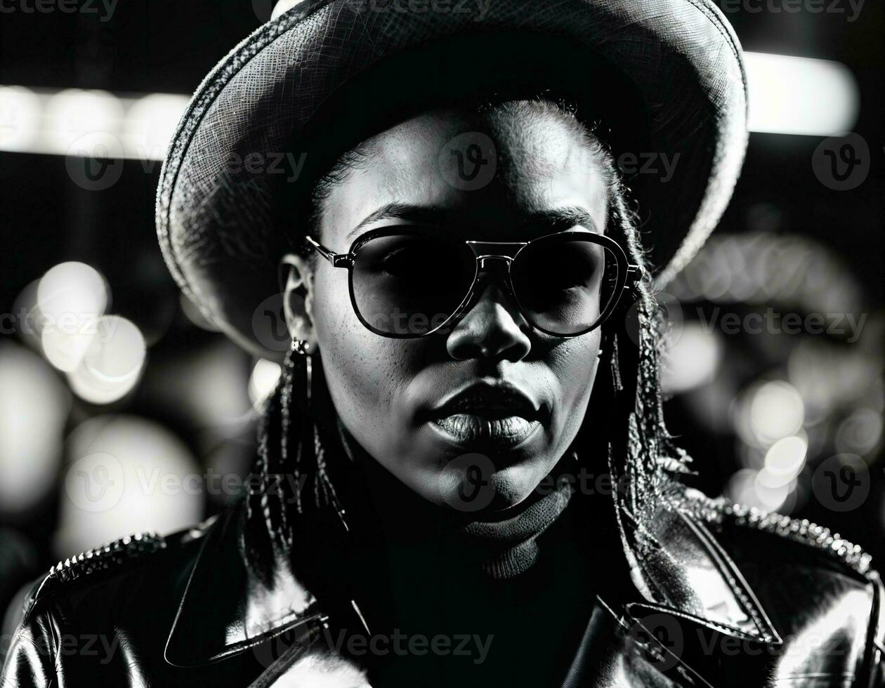 photo of black african woman with white turtle neck ,black sunglasses, black leather jacket and white cowboy hat, generative AI