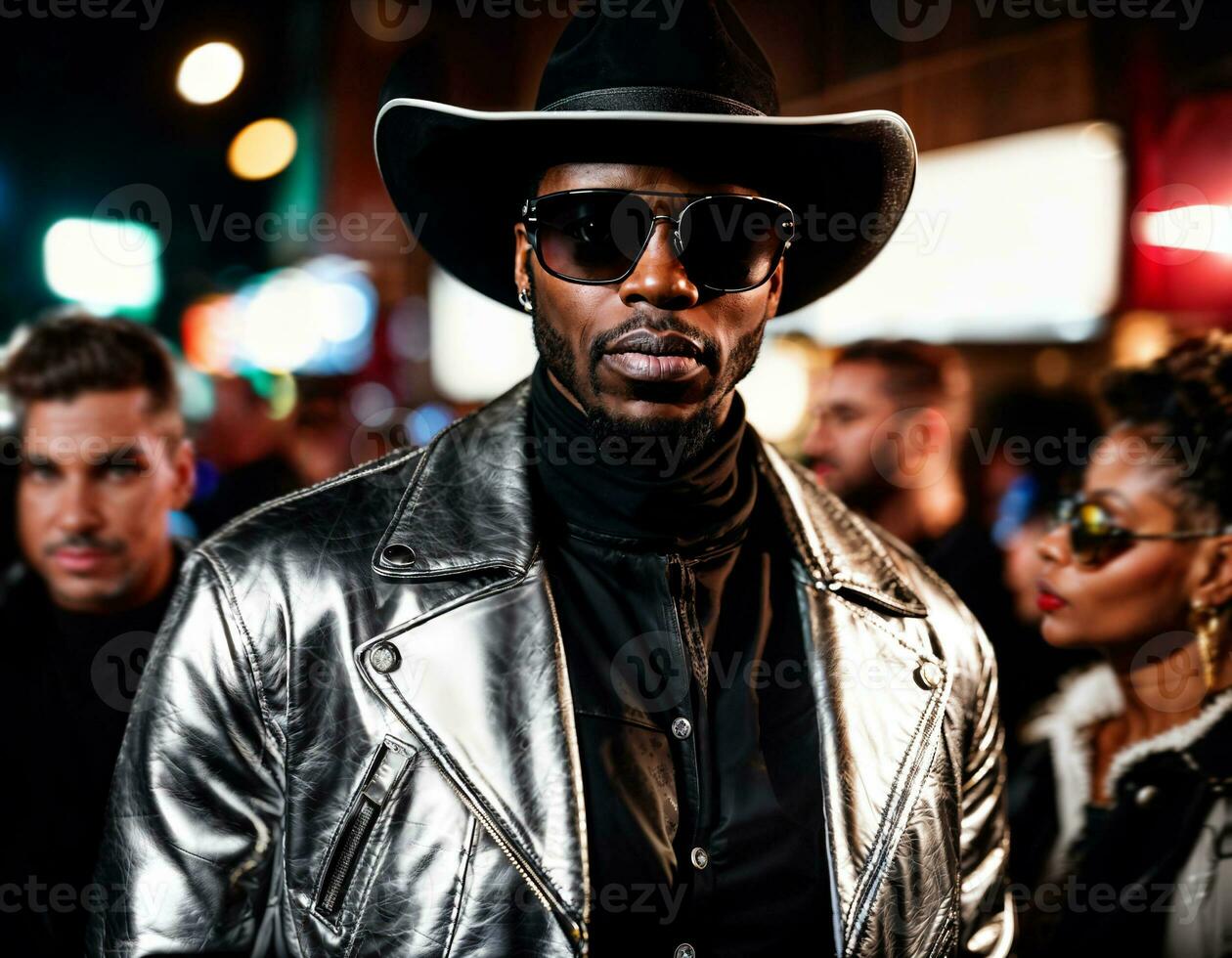 photo of black african man with white turtle neck ,black sunglasses, black leather jacket and white cowboy hat, generative AI