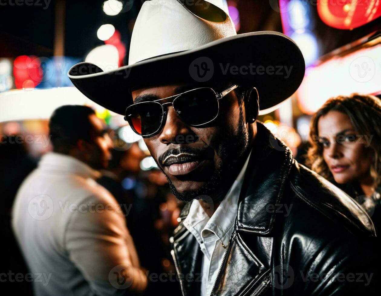 photo of black african man with white turtle neck ,black sunglasses, black leather jacket and white cowboy hat, generative AI