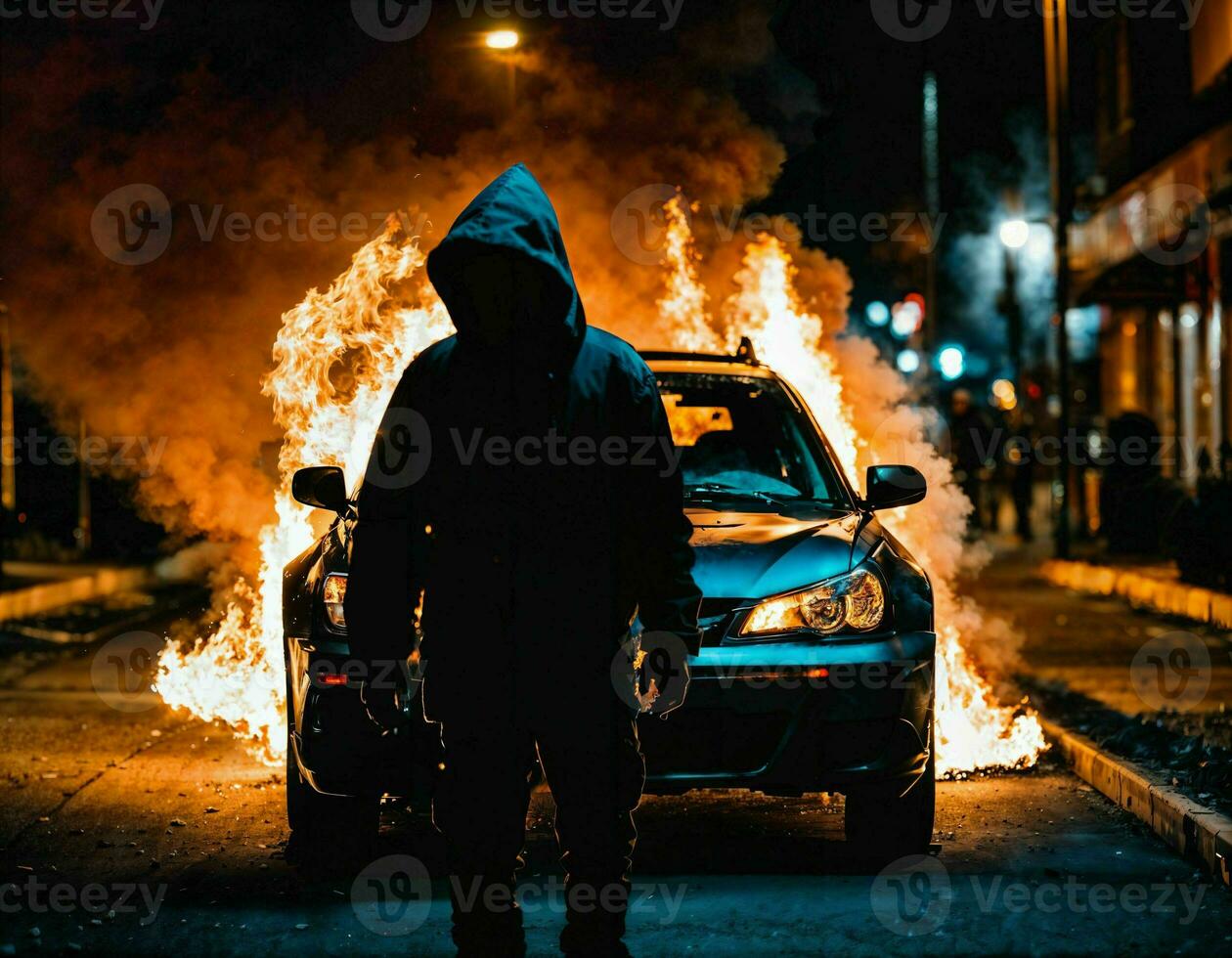 foto de hombre vistiendo capucha chaqueta en frente de ardiente coche cubrir con fuego, generativo ai