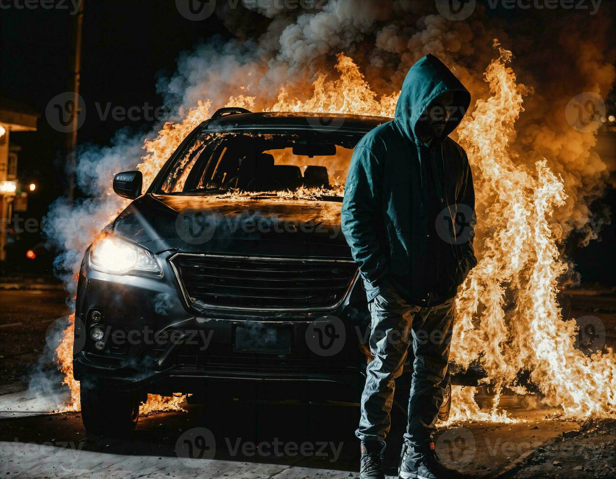 photo of man wearing hoodie jacket in front of burning car cover with fire, generative AI