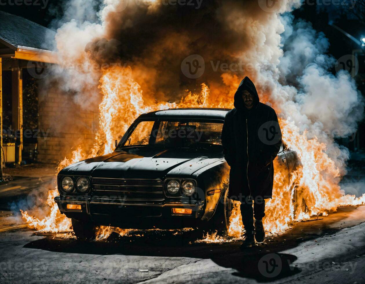 foto de hombre vistiendo capucha chaqueta en frente de ardiente coche cubrir con fuego, generativo ai