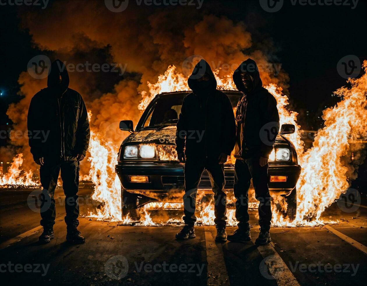 foto de hombre vistiendo capucha chaqueta en frente de ardiente coche cubrir con fuego, generativo ai