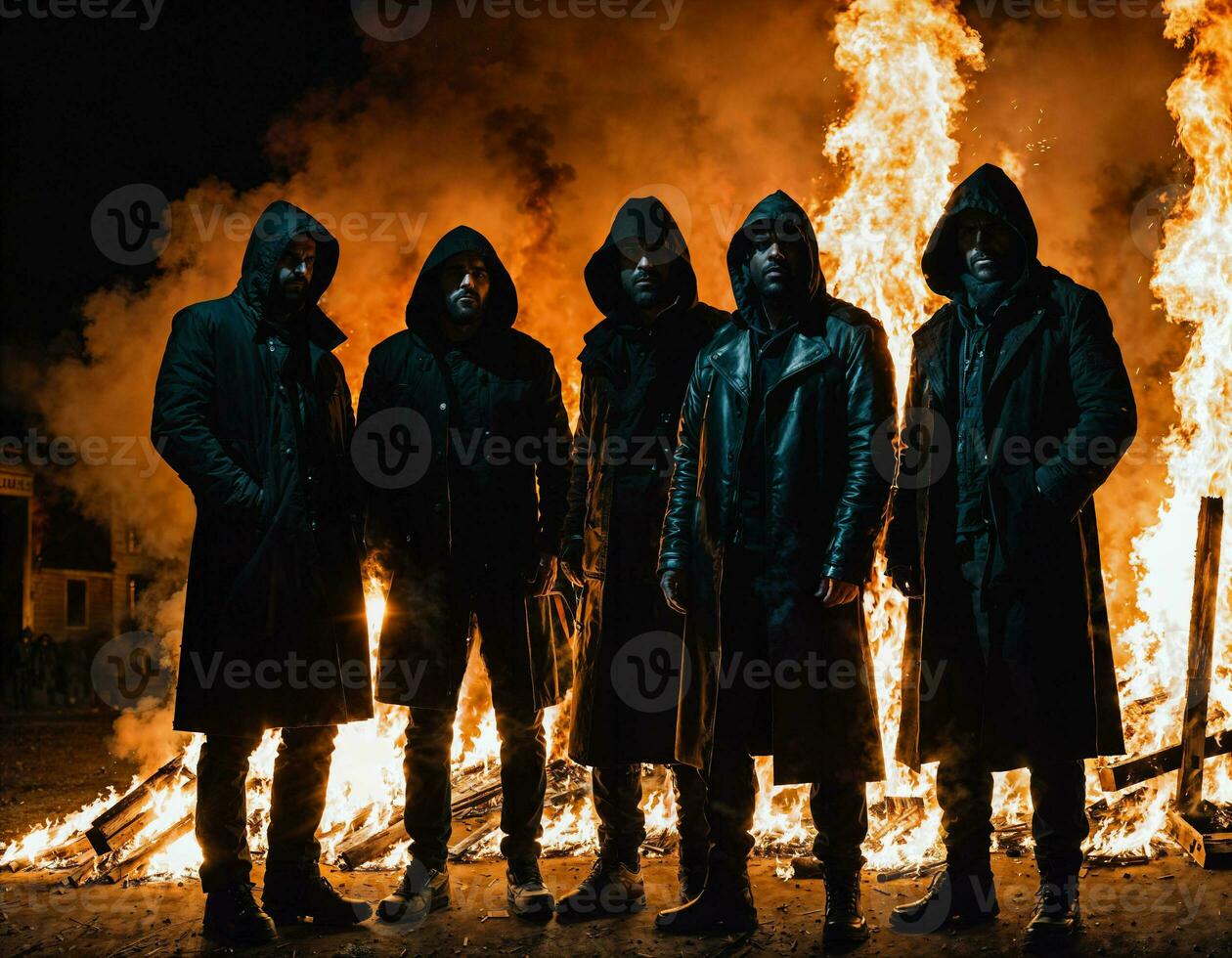 photo of man wearing hoodie jacket in front of burning car cover with fire, generative AI