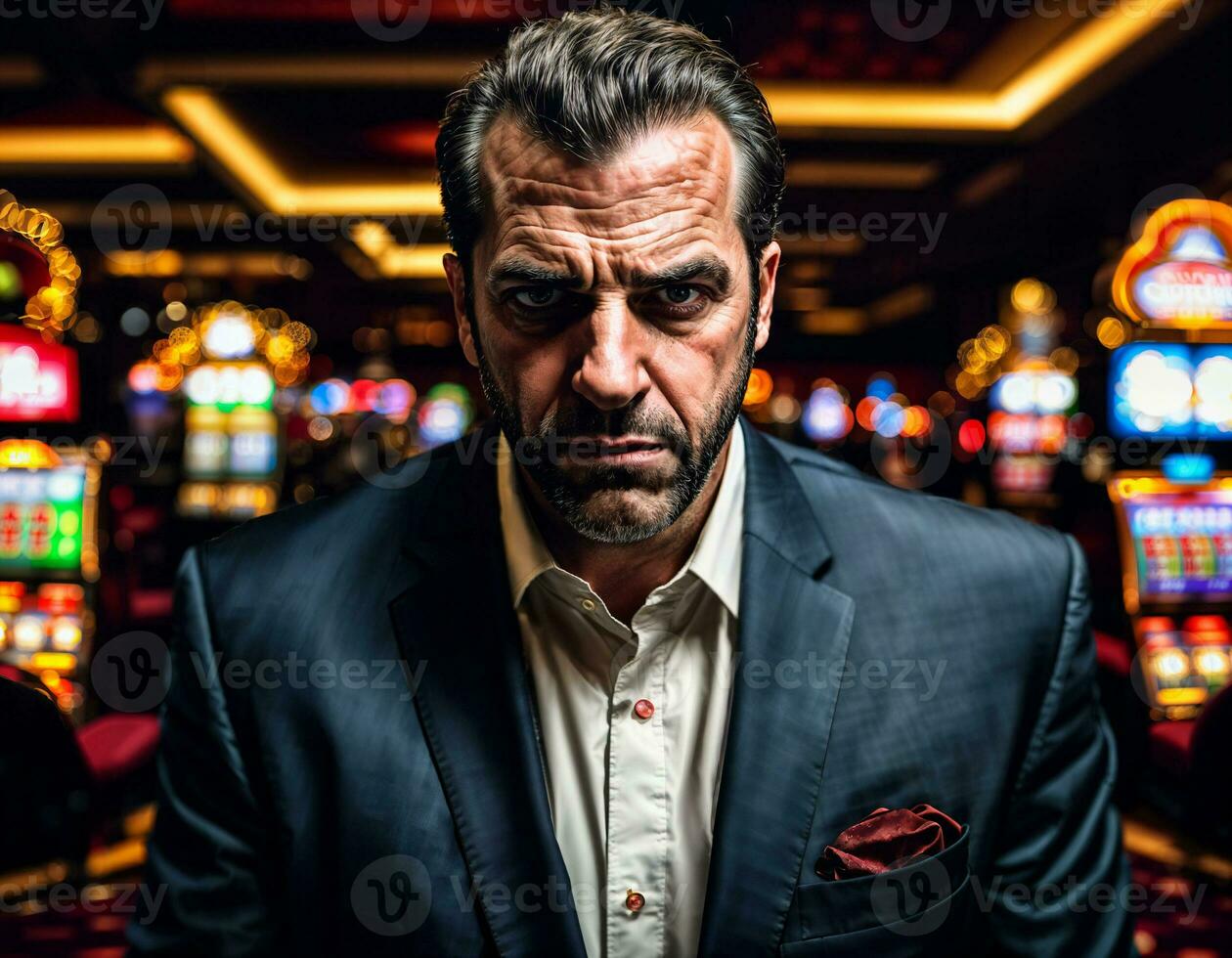 photo of angry and upset gambler man in casino, generative AI