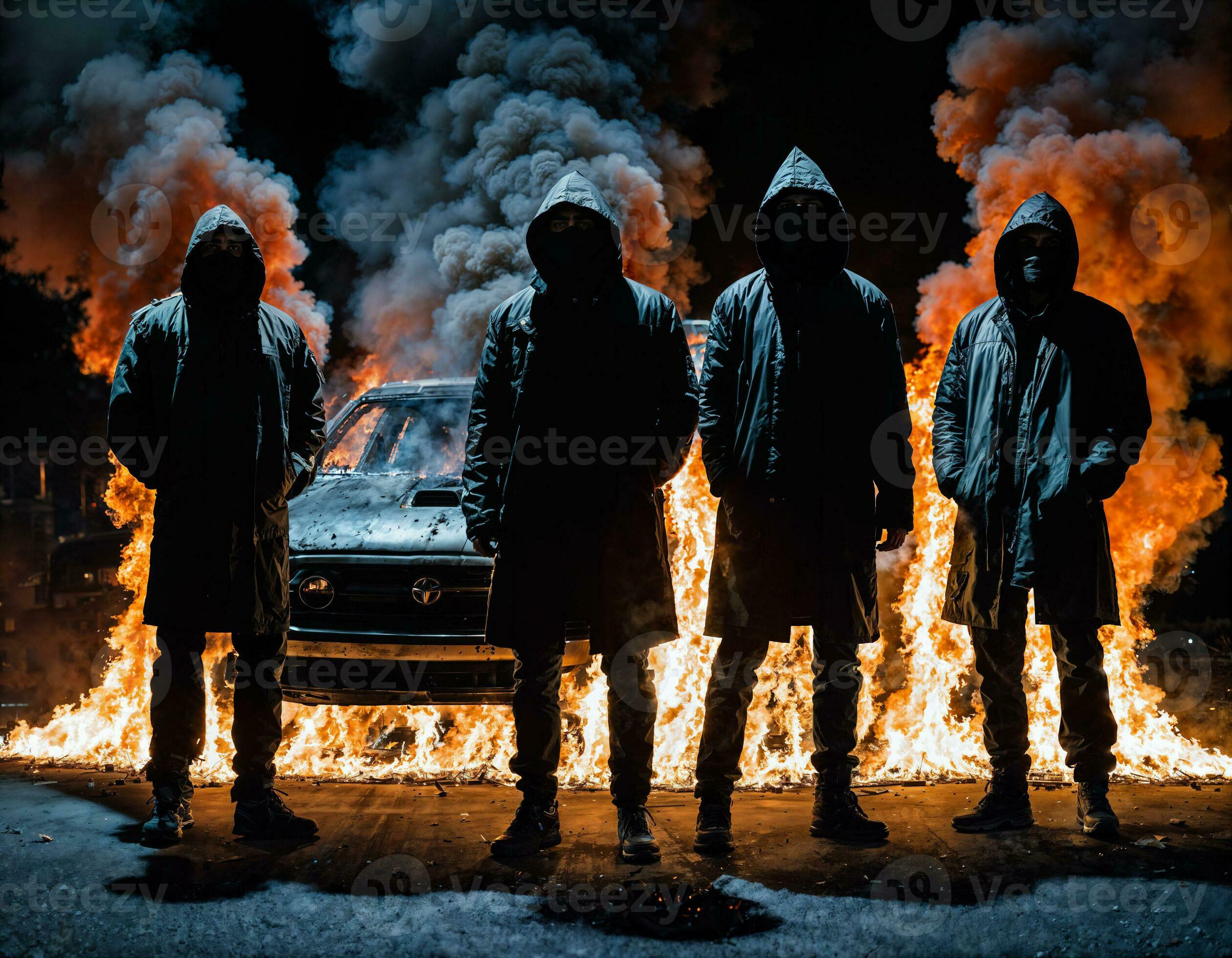 photo of man wearing hoodie jacket in front of burning car cover with fire,  generative AI 31151913 Stock Photo at Vecteezy