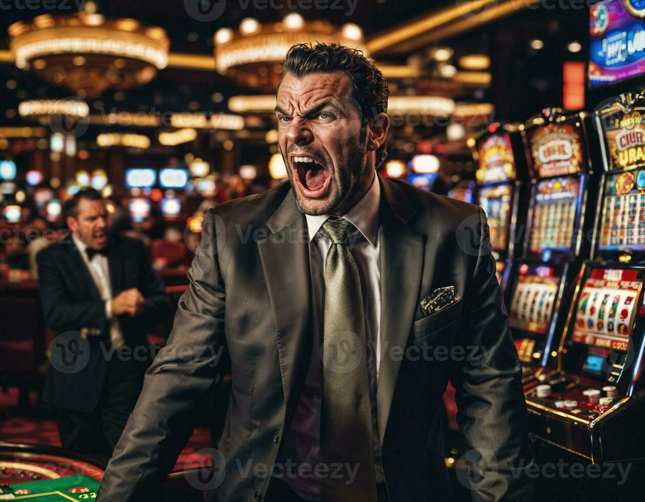 photo of angry and upset gambler man in casino, generative AI