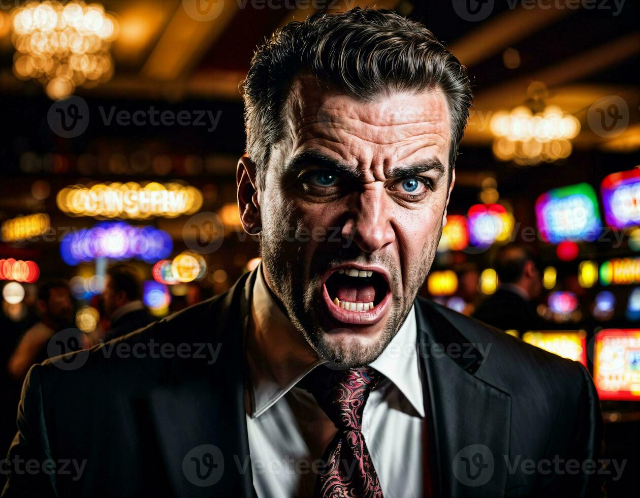 photo of angry and upset gambler man in casino, generative AI