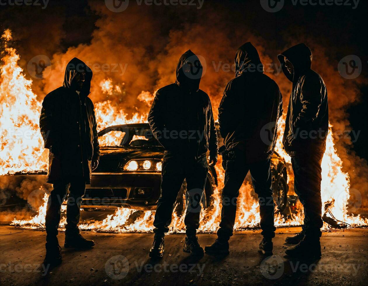 photo of man wearing hoodie jacket in front of burning car cover with fire, generative AI