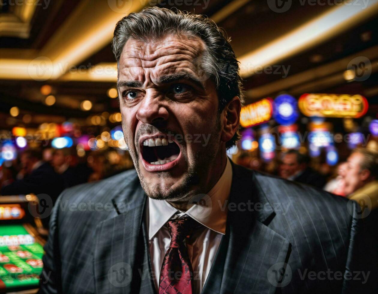 photo of angry and upset gambler man in casino, generative AI