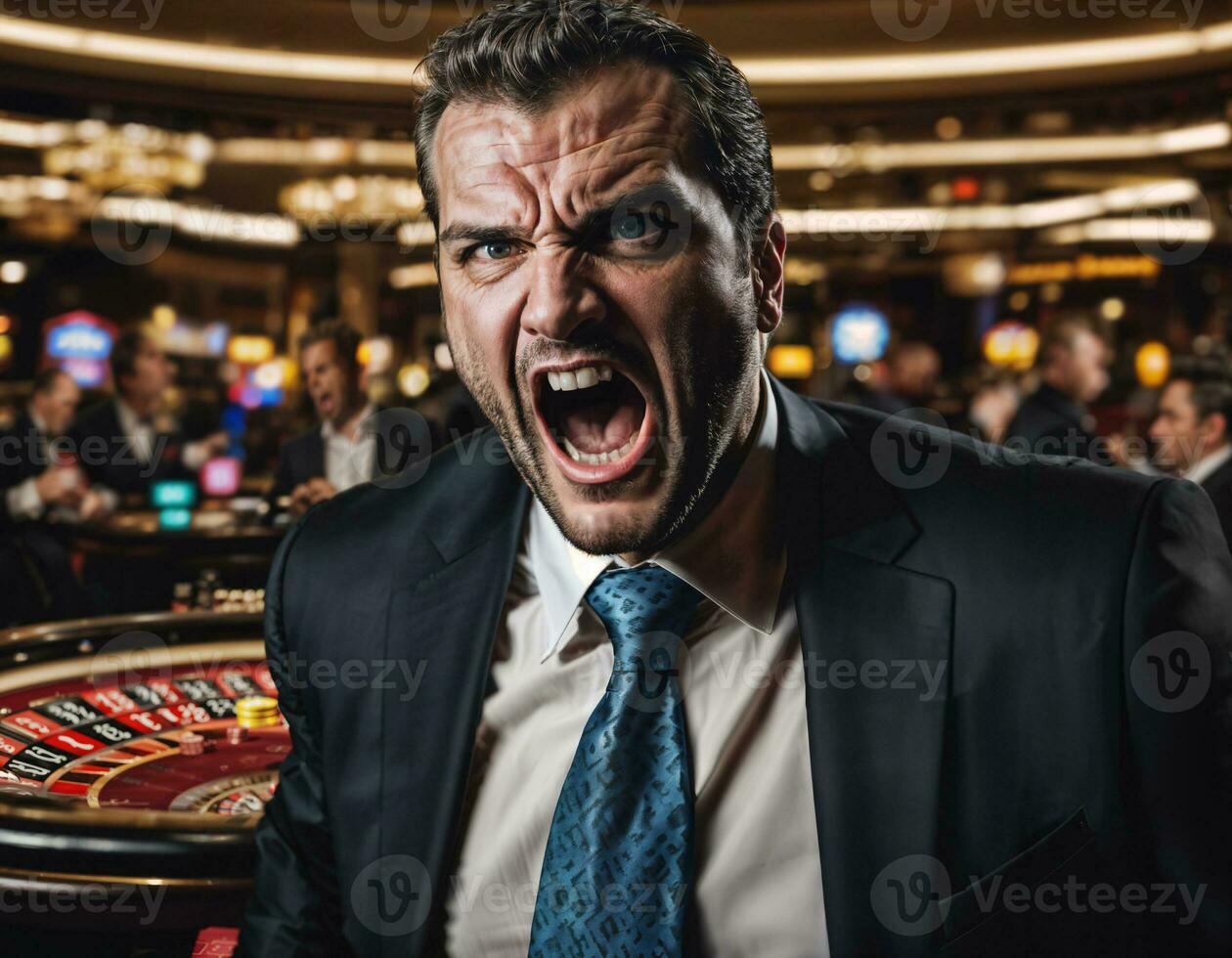 photo of angry and upset gambler man in casino, generative AI