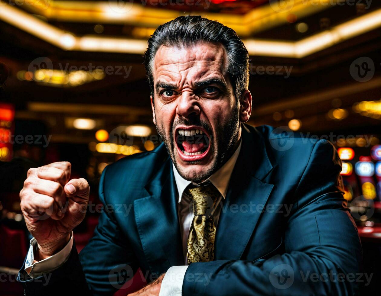 photo of angry and upset gambler man in casino, generative AI