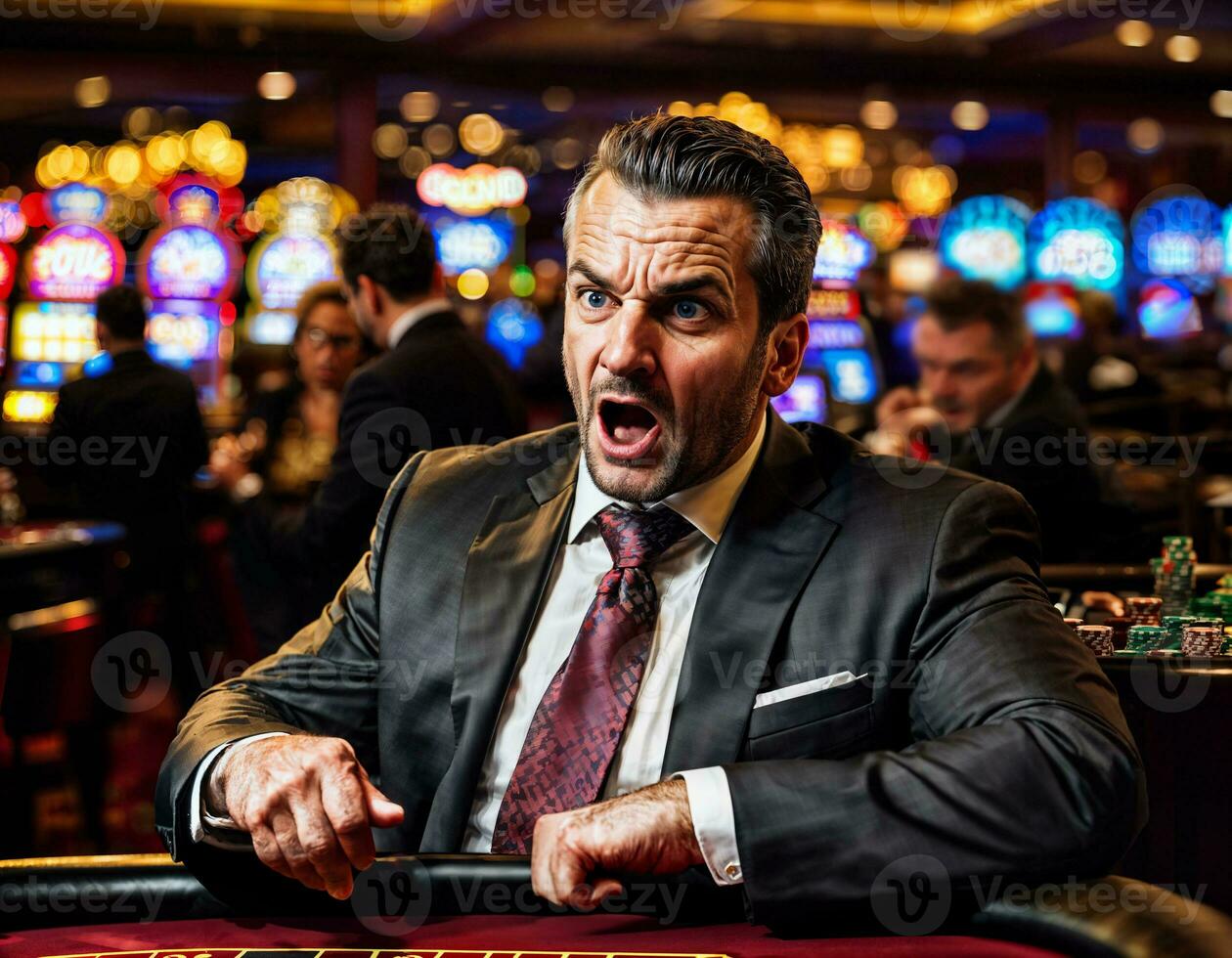 photo of angry and upset gambler man in casino, generative AI