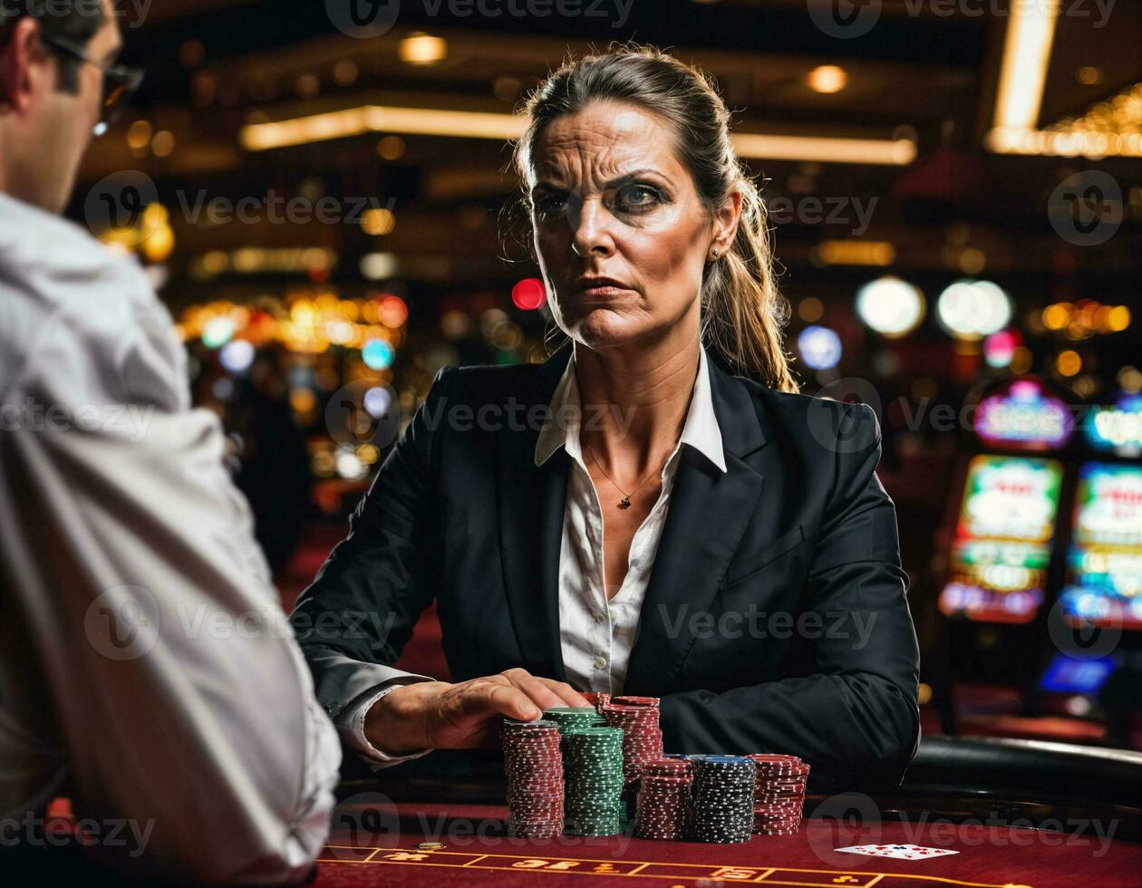 photo of angry and upset gambler woman in casino, generative AI