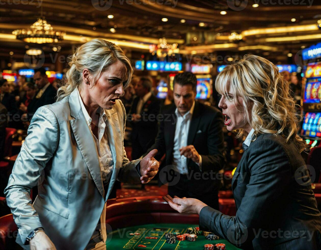 photo of angry and upset gambler woman in casino, generative AI