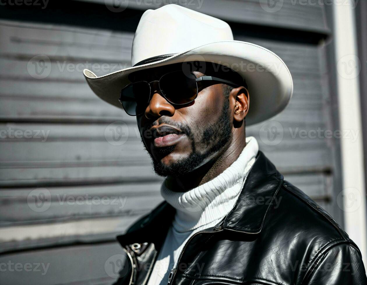 photo of black african man with white turtle neck ,black sunglasses, black leather jacket and white cowboy hat, generative AI