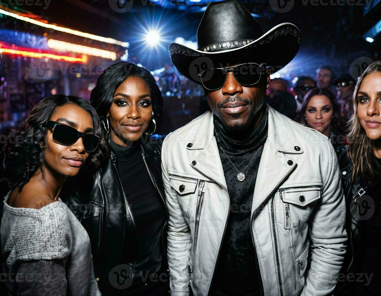 photo of black african man with white turtle neck ,black sunglasses, black leather jacket and white cowboy hat, generative AI