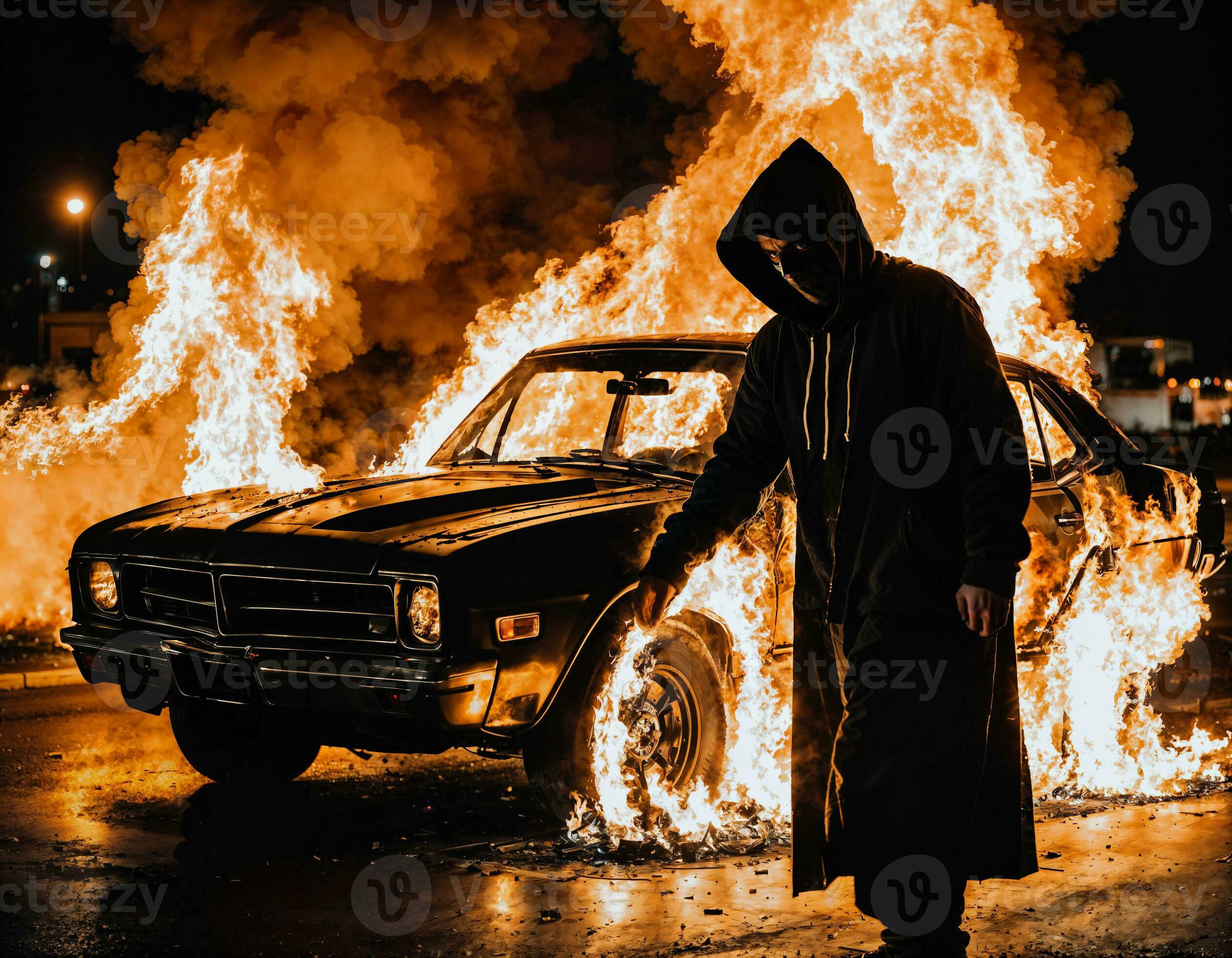 photo of man wearing hoodie jacket in front of burning car cover with fire,  generative AI 31152022 Stock Photo at Vecteezy