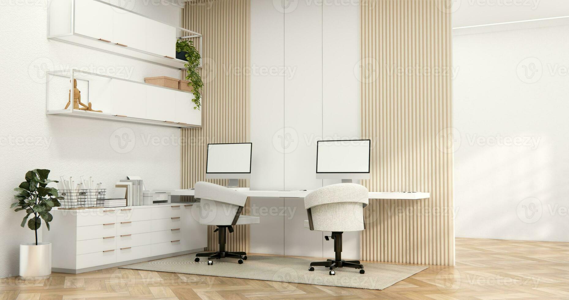 The interior Computer and office tools on desk room muji style interior design. photo