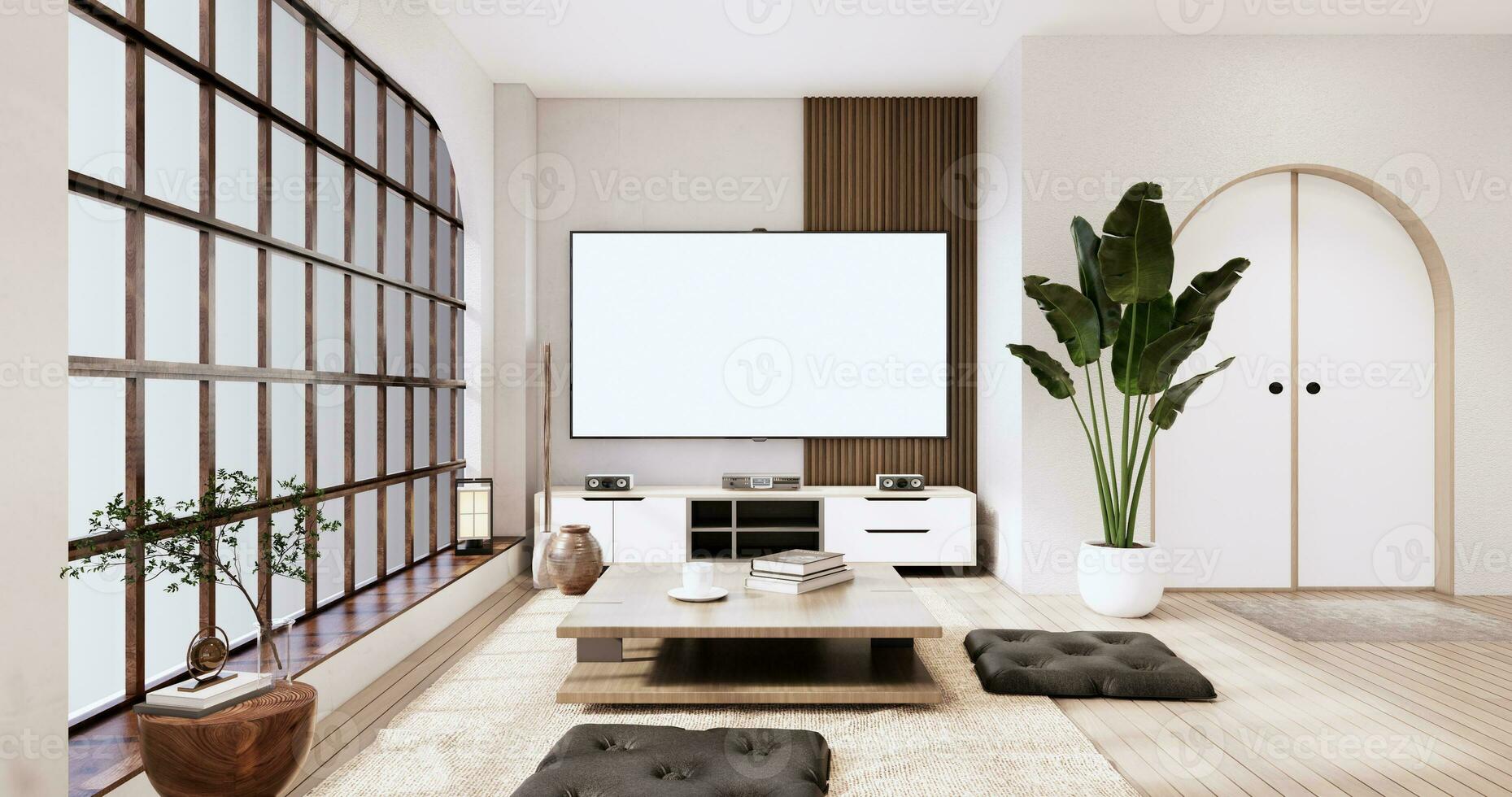 japandi habitación interior y bajo mesa y Sillón wabisabi estilo.3d representación foto