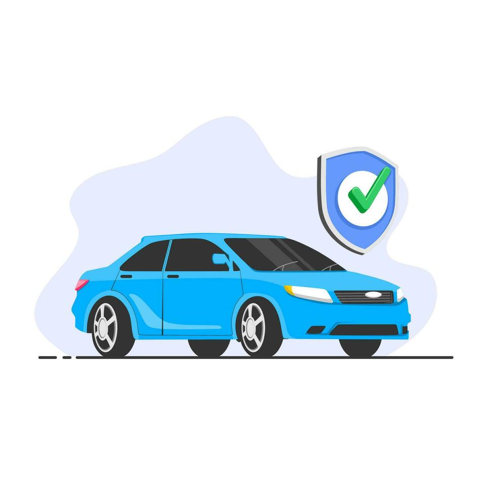 Auto Safety concept. Car insurance. Blue car with Blue green shield. Vector illustration in flat style.