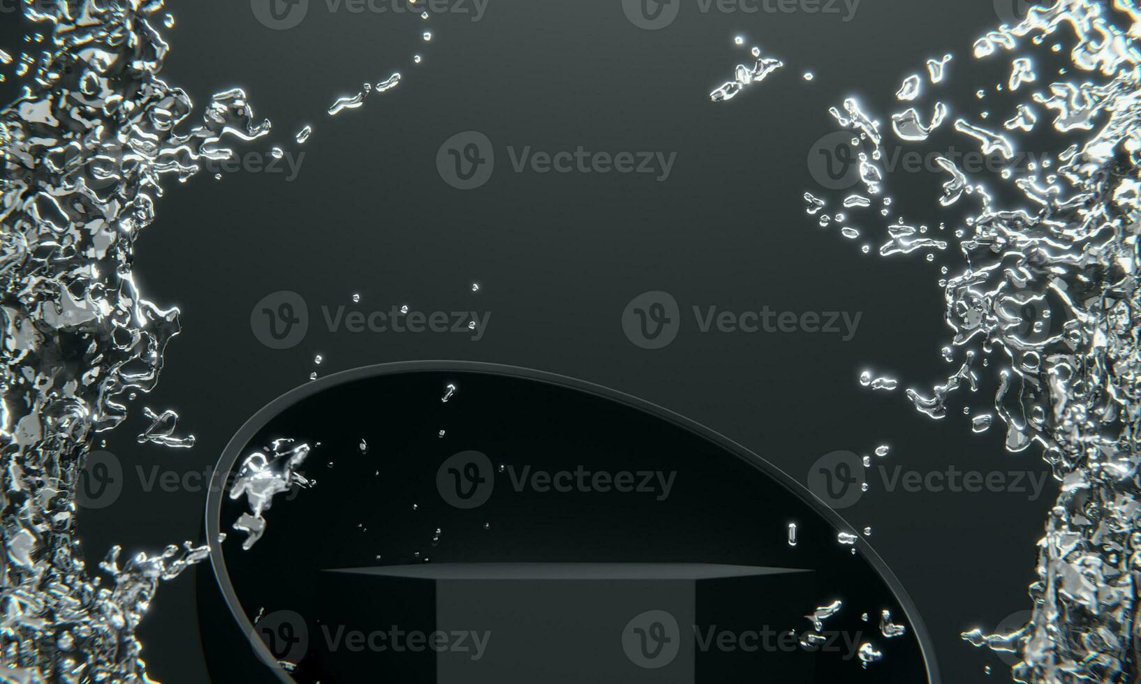 black podium and water splashing on white background.3D rendering photo