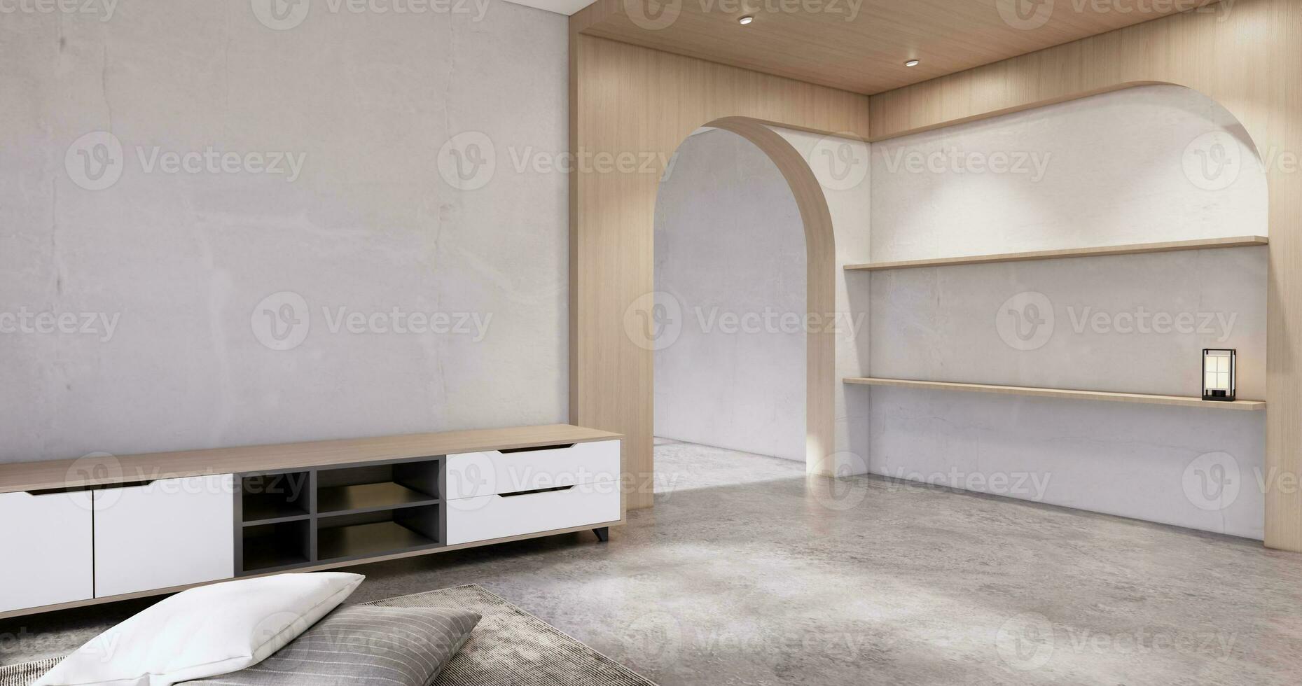 Wooden cabinet in Muji empty room, Japandi minimal designs. 3D rendering photo