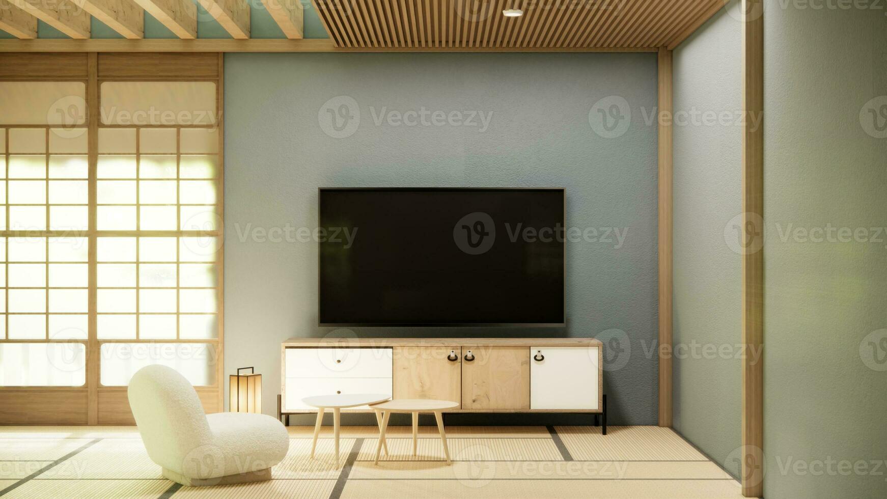 moderno Japón estilo y decorado con televisión gabinete en pared. foto