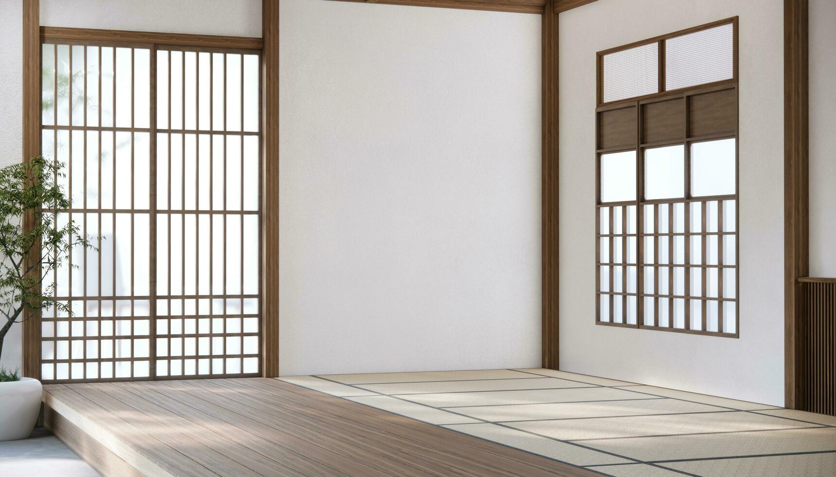 Japan style empty room decorated with white wall and wood slat wall photo