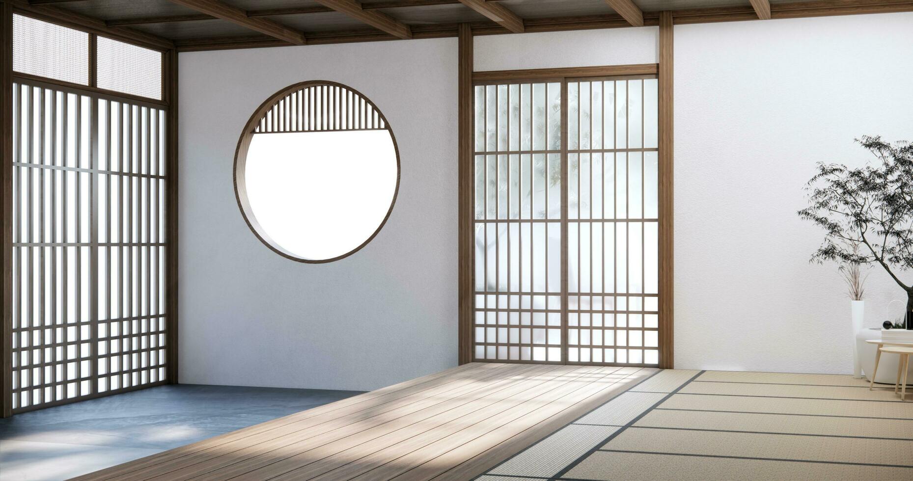 Japón estilo vacío habitación decorado con blanco pared y madera lama pared foto