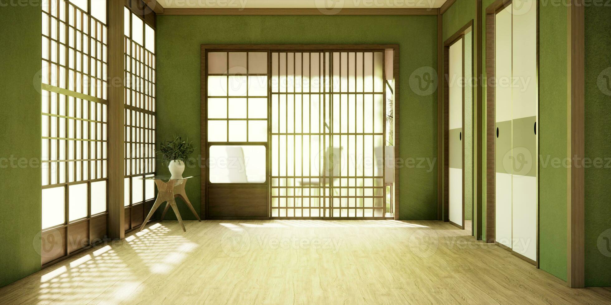 Green hallway Clean japanese minimalist room interior. photo