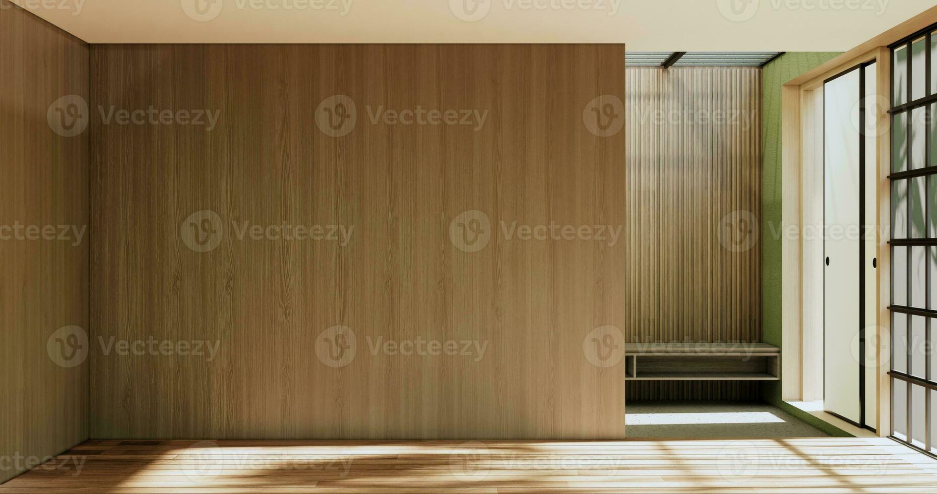 Empty room - green wall on wood floor interior and decorations plants. 3D rendering photo