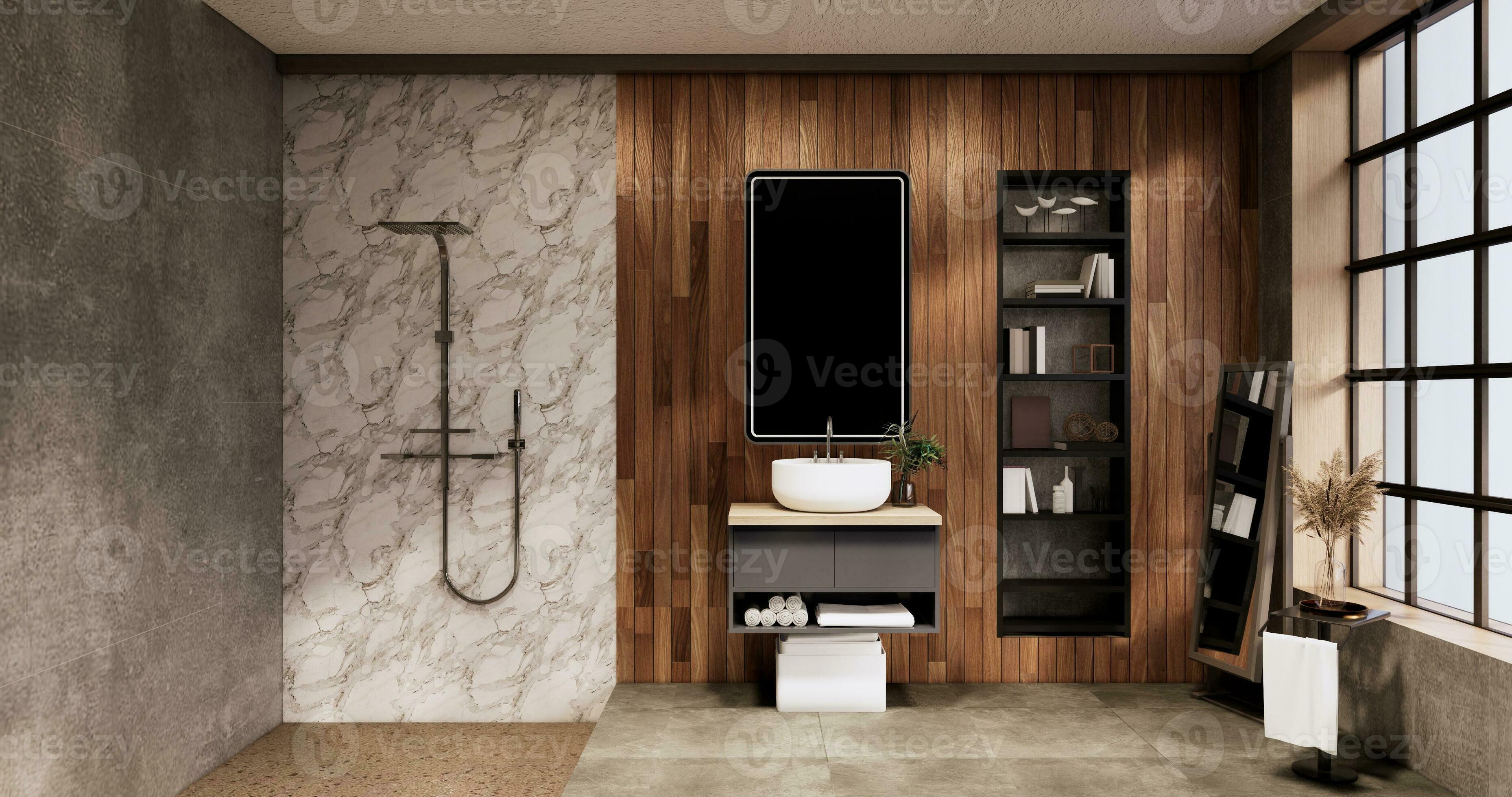 el bañera y baño en baño japonés wabi sabi estilo .3d representación  31147475 Foto de stock en Vecteezy