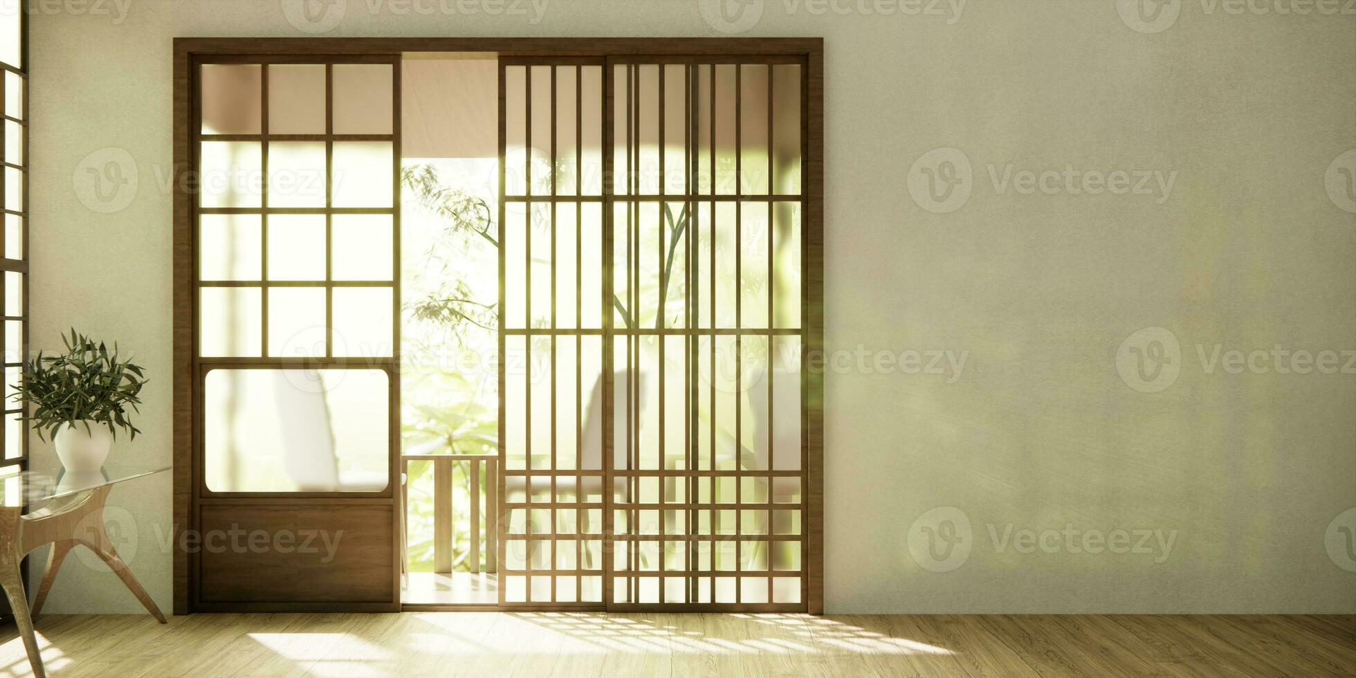 the hallway Clean japanese minimalist room interior, 3D rendering photo