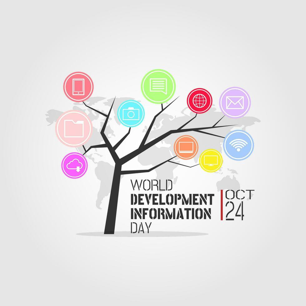 World Development Information Day poster with information technology on a tree branch vector