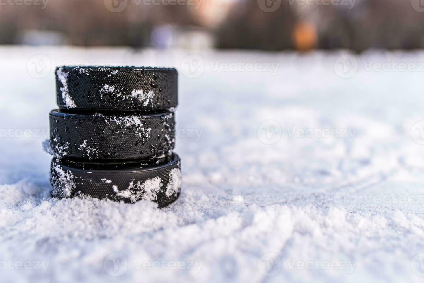 black hockey pucks lies on ice at stadium photo