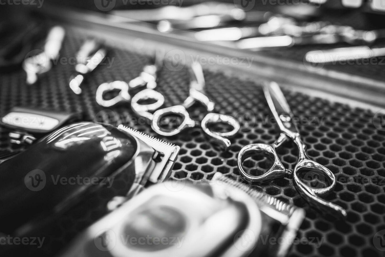 hairdresser accessories are on the shelf in the salon photo